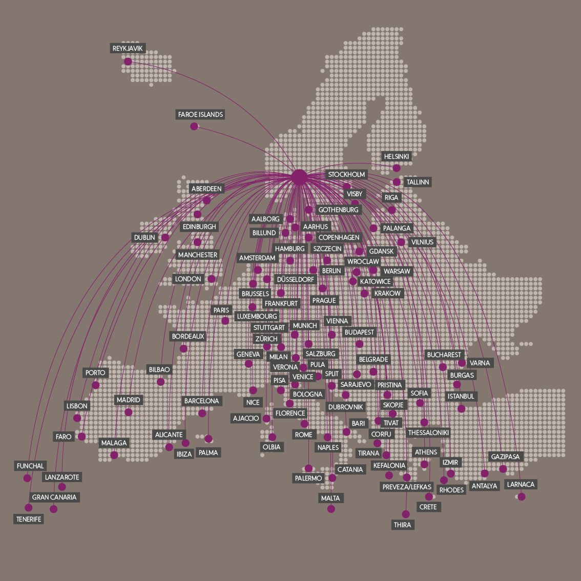 Map over flights from norway to europe