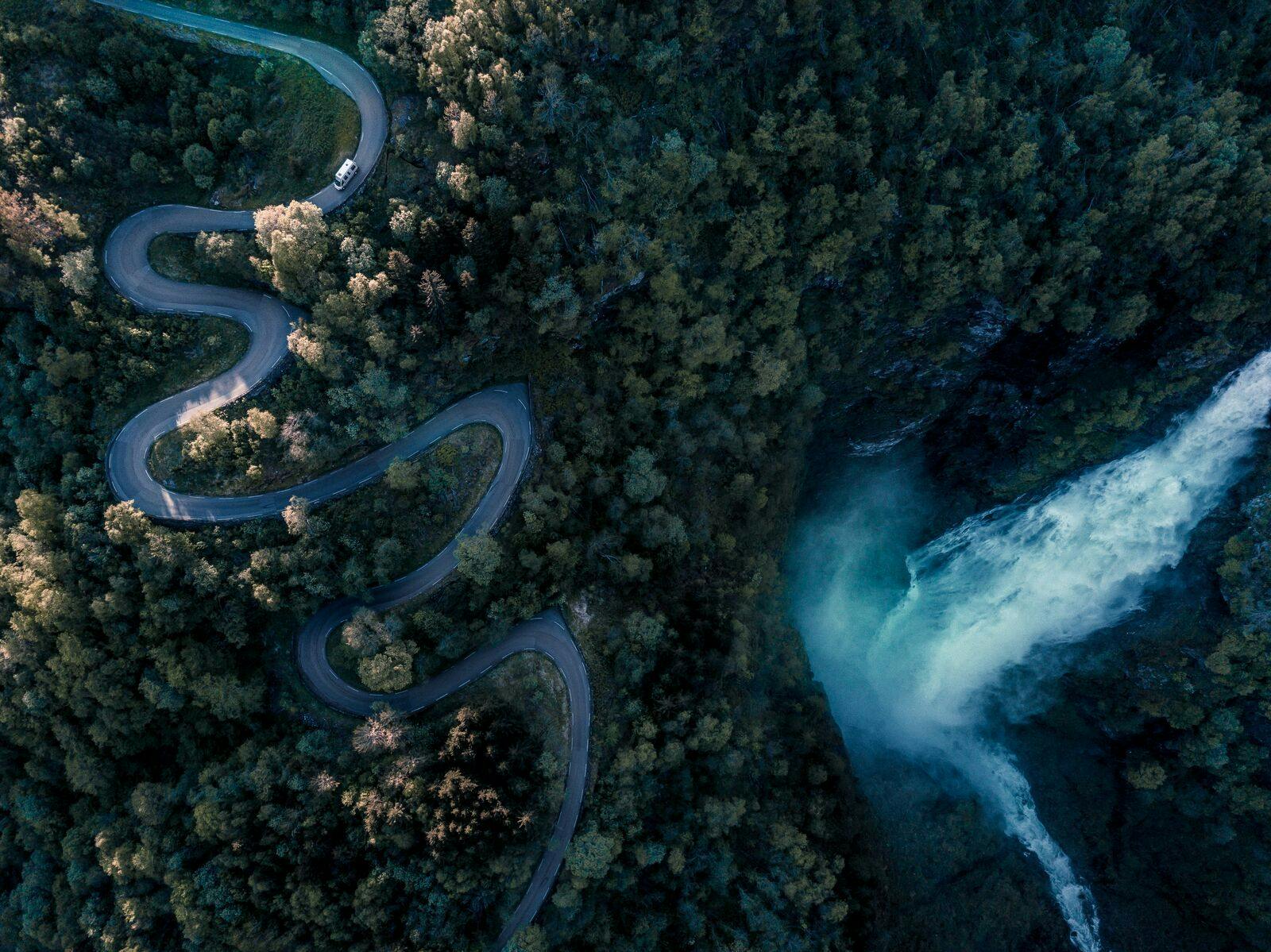 The hairpin bends at Stalheim with waterfall on the side of the road