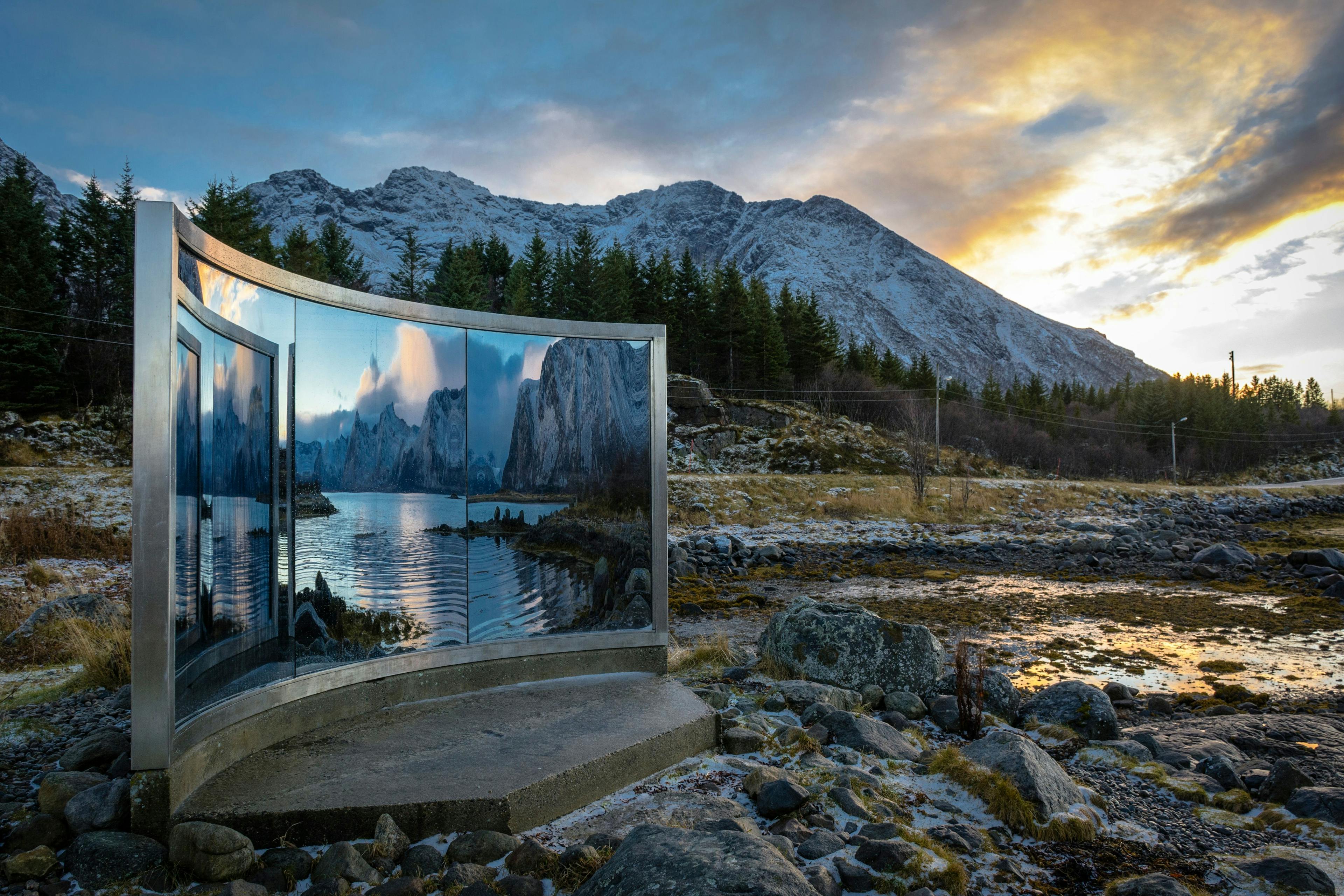 National Scenic Route Lofoten with art piece from Dan Graham